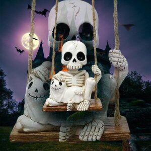 White Mini Resin Swing Skeleton Holding Ghost Cat Statue (3.1in) Halloween Decor